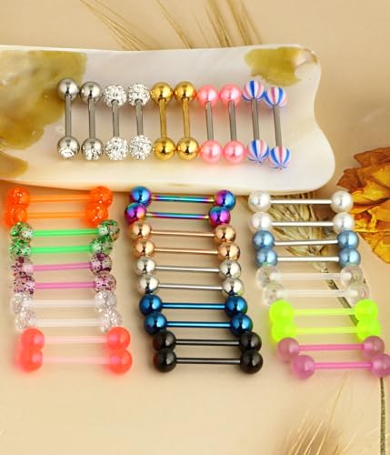 Suotarn 40pcs 14G Tongue rings For Women Stainless Steel Straight Tongue Barbell UV Acrylic Plastic Tongue Piercing Jewelry Nipple Piercings 5/8" Glow in Dark Flexible Retainer Body Jewelry for Men4