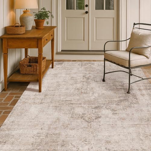Image of Hazo Haus Washable 5x7 Area Rugs for Living Room, Neutral Beige & Peach Farmhouse Rug for Dining Room & Bedroom, Ultra Soft Low-Pile Non-Slip Stain Resistant