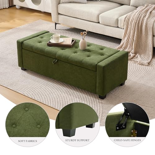 Image of Huatean Home 48 inch Ottoman with Storage, Storage Ottoman Bench with Safety Hinge, Upholstered Entryway Bench with Seating for Bedroom, Living Room, Holds up to 330 lb, Green