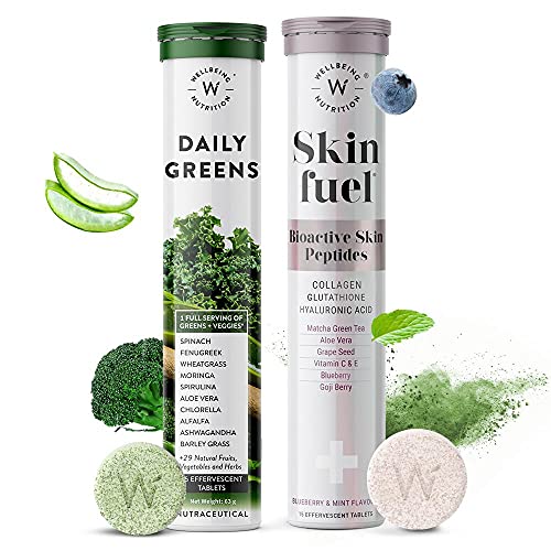 Wellbeing Nutrition Daily Greens, Wholefood Multivitamin & Skin Fuel | Collagen Builder, L-Glutathione, Hyaluronic Acid, Matcha Green Tea, Aloe Vera, Grape Seed, Vit E (30 Effervescent Tablets) Wellbeing Nutrition Daily Greens, Wholefood Multivitamin & Skin Fuel | Collagen Builder, L-Glutathione, Hyaluronic Acid, Matcha Green Tea, Aloe Vera, Grape Seed, Vit E (30 Effervescent Tablets)