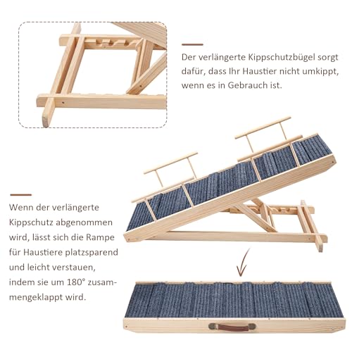 Queiting Hunderampe Treppen & Stufen für Hunde Haustierrampe Klappbare und höhenverstellbare Hundetreppe aus hochwertigem HolzRutschfeste Belastbarkeit bis 100kg Verstellbereich von 30cm bis 60cm