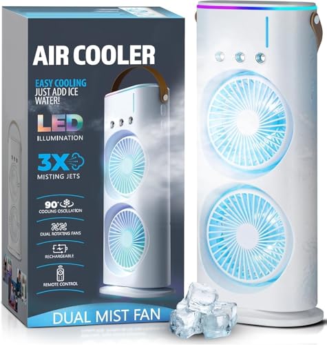 Image of Aluan Portable Double Ended Mist Spray Fan for Summer Room Cooling, USB Rechargeable Mini AC Air Cooler Misting Fans for Home,Table | Electric Cooler With 280ml Water, 7colors Led Remote (White)