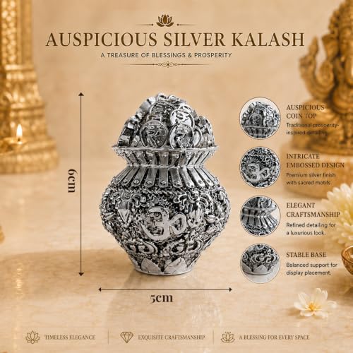 Image of DIVINITI 999 Silver Plated Kuber Kalash with Luxury Gift Box | Kubera Coin Kalasam, Lakshmi Kalash Antique Finish for Home Temple, Pooja Room & Vastu Decor | Housewarming & Wedding Gift | 6 x 5 cm