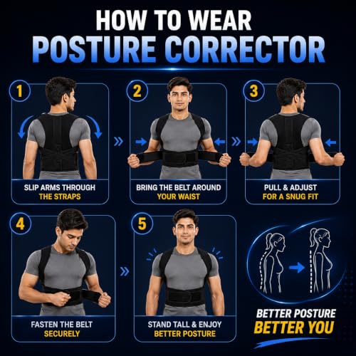 Image of PulGos Posture Corrector Belt for Men & Women | Adjustable Back Brace for Posture Correction and Spine Support | Comfortable Daily Wear for Back, Neck and Shoulder Relief | Universal Size 30-48 Inches