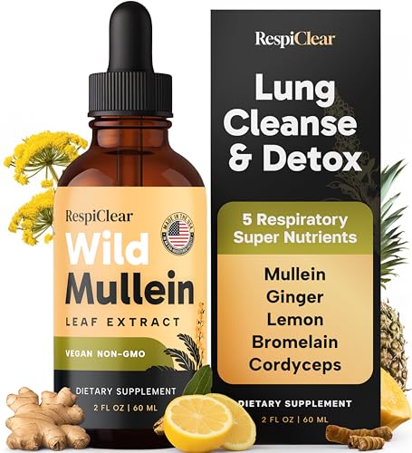 RESPICLEAR All-Natural Mullein Drops with Ginger & Lemon for Lung Cleanse and Detox Mullein Leaf Extract for Respiratory Lung Health & Detox for Smokers 2 Fl oz