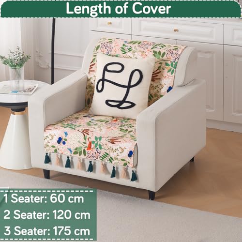 Image of HOKIPO Sofa Cover with Tassel for 1 Seater Sofa | Full Protection for Seat and Back | Printed Holland Velvet Fabric | 'Whispers of Nature' (160x60 cm), Beige Woodland Bloom (IN-1125-D4)