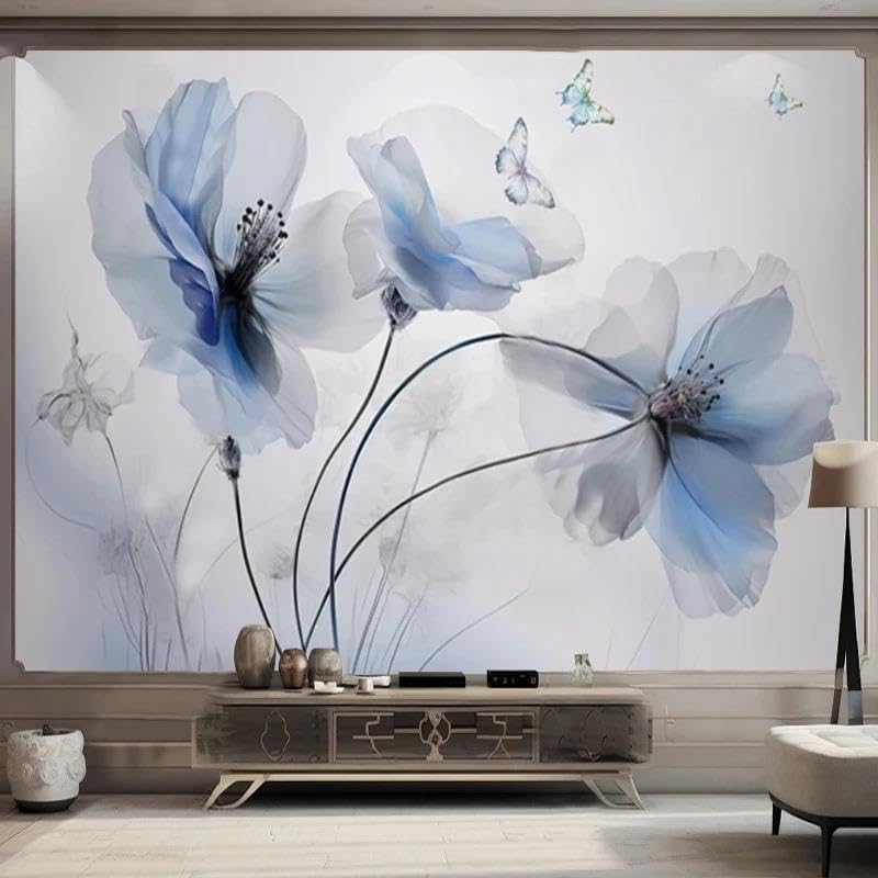 Papier peint fleurs bleues 3D pour masquer un mur de salon