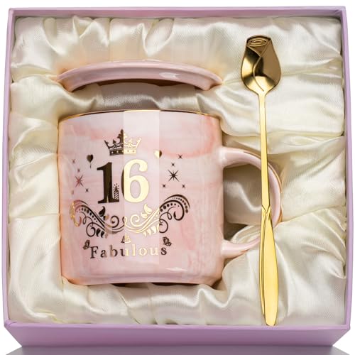 WXYTXHYQ Presentes para Adolescentes 16 anos 400ml Caneca de Cerâmica Rosa Presentes para Jovens 16 Anos, 16 Aniversário Presente Caneca Original com Tampa, Colher e Caixa de Presente para Rapariga