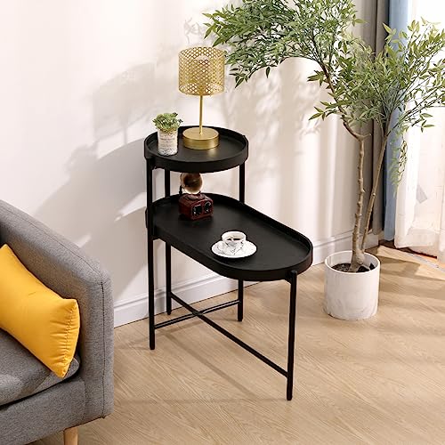 Modern Black 2-Tier Round and Oval End Table for Small Spaces