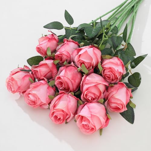 LILUYTO 12Pcs Realistic Fake Dark Pink Roses Faux Flowers with Long Stems, Artificial Silk Rose Flowers for Valentines Day Home Wedding Decor Bridal Bouquet