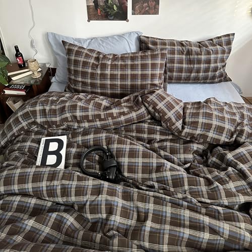 mixinni Vintage Blue & Brown Buffalo Plaid Comforter Set Queen Size - 3-Piece Washed Cotton Soft Geometric Checkered Pattern Bedding Set for All-Seasons Lightweight & Breathable-Queen Size
