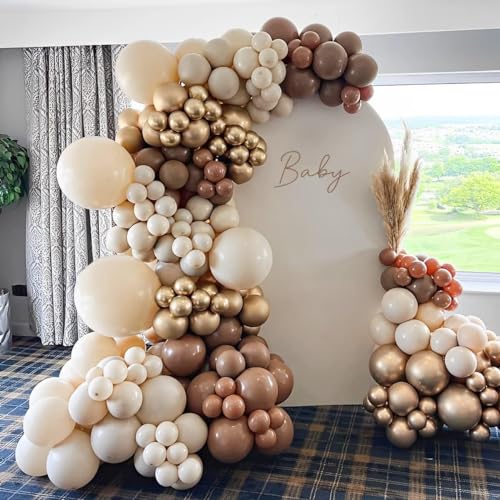 Image of Brown Beige Gold Balloons Blush Neutral Tan Sand White Champagne Latex Balloon 50pcs 12inch Retro Apricot Cococa Coffee Helium Balloons for Bear Boho Birthday Baby Shower Party Decorations