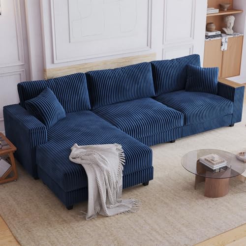 Image of 114.5 inch Corduroy Couch Sectional with Reversible Chaise with 2 Pillows Oversized Couch L Shaped Sofa with Two Armrests Hidden Storage Space Sectional Couches for Living Room Blue
