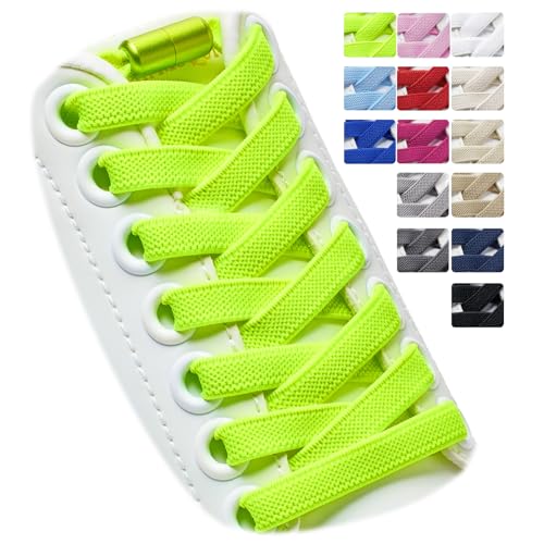 Puzeam 2 Paar Elastische Schnürsenkel, flach, mit Metallkapsel - Schuhbänder ohne binden für Kinder Erwachsene Schuhe, GummiSchürsenkel Neongrün 120