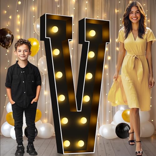 Image of Pooqla 4 FT Marquee Light Up Letters, Black Marquee Letter Lights 4 Feet Tall for Birthday Decoration, Big Mosaic Letters Sign for Balloons Party Anniversary Wedding Decorations, Giant Warm White V