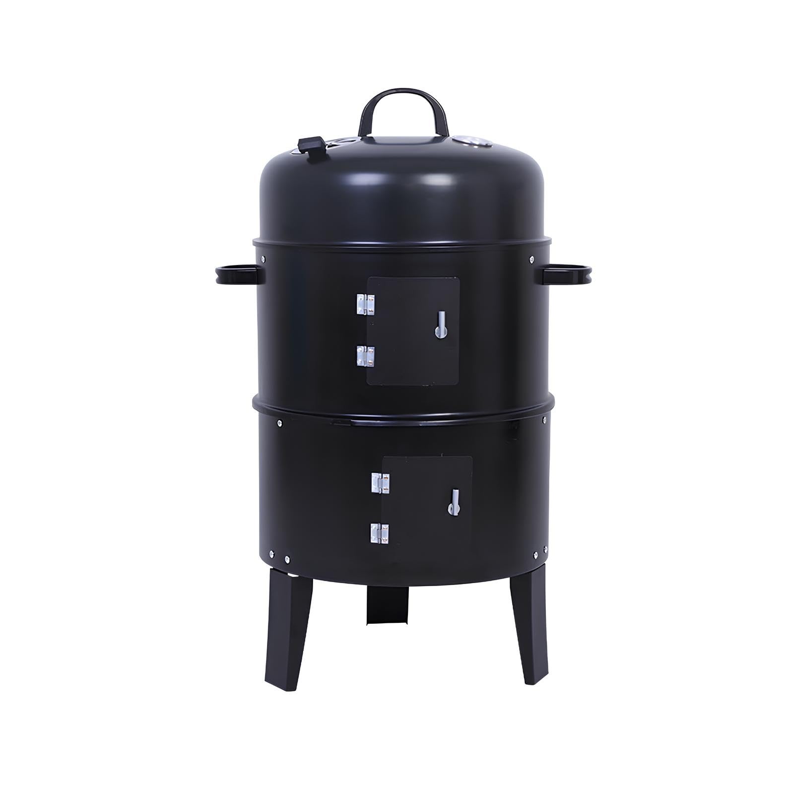 Ahumador Vertical De Carbón, Barbacoa De Carbón Redonda 3 En 1, Parrilla De Carbón Portátil De Acero con Dos Zonas De Cocción Y Termómetro para Camping Y Picnic