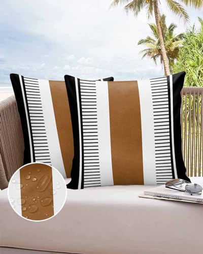 Boanket Outdoor Pillow Covers 20 x 20 in, Modern Brown Black Waterproof Throw Pillow Cover Set of 2, Boho Contemporary Geometric Striped Home Decorative Square Cushion Covers for Patio/Couch/Garden