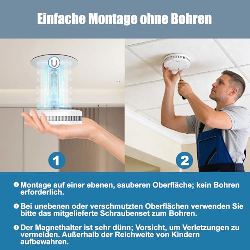 Rauchmelder 10 Jahre Batterie mit Magnethalter Ohne Bohren, Tüvrheinland zertifizierter Feuermelder ohne LED blinkende, 4 Stücke Flach Rauchwarnmelder, Brandmelder, Stummschaltfunktion, EN14604