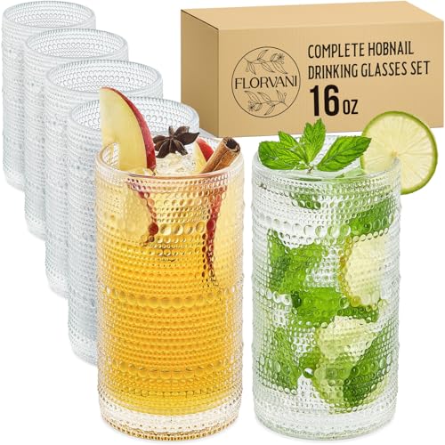 Florvani 16 Oz Hobnail Drinking Glasses Set of 6 -
