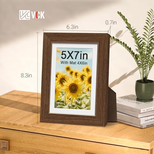 Image of VCK 5x7 Picture Frame 5 Pack, Brown Wood, 4x6 Mat, Glass, for Portrait