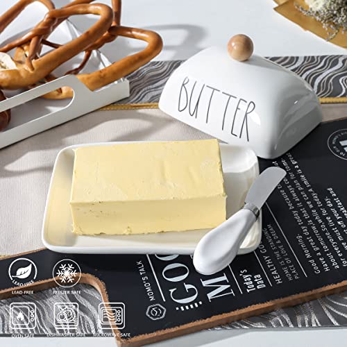 Farmhouse Decorative Kitchen Countertop Porcelain Butter & Cream Cheese Dish with Lid,Butter Keeper with Cover for East West Coast Butter,White - Image 2