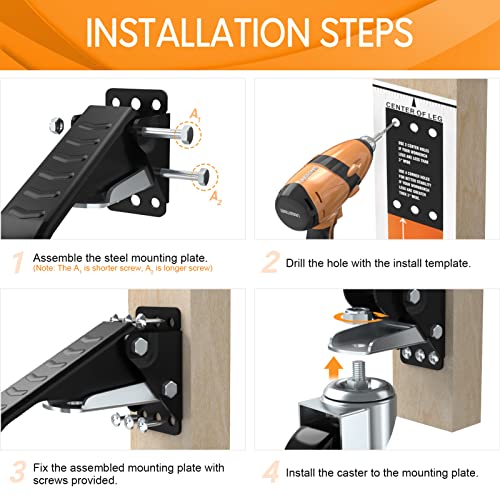 SOLEJAZZ Kit de roulettes d'établi, capacité de 400 kg, roulette d'établi rétractable robuste, toutes les roues en uréthane de construction en acier, gabarit d'installation en prime, paquet de 4