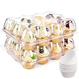 Lendex 12 Count x 12 Sets Cupcake Carrier With 150 Pack Liners, Stackable Plastic Cupcake Containers Boxes Holder with Tall Dome Lid, Disposable Cupcake Storage Trays