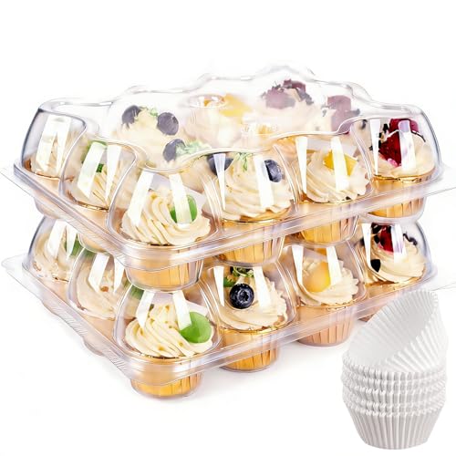 Lendex 12 Count x 12 Sets Cupcake Carrier With 150 Pack Liners, Stackable Plastic Cupcake Containers Boxes Holder with Tall Dome Lid, Disposable Cupcake Storage Trays  