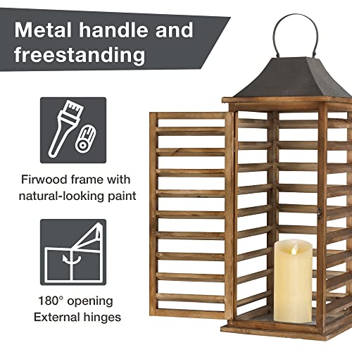 Glitzhome Farmhouse Wood Metal Candle Lanterns Tall Vintage Decorative Candle Holders Set Of 2 Shutter Style Distressed Floor Lanterns Rustic Outdoor Lantern For Wedding Garden, Natural, No Glass #TOP2