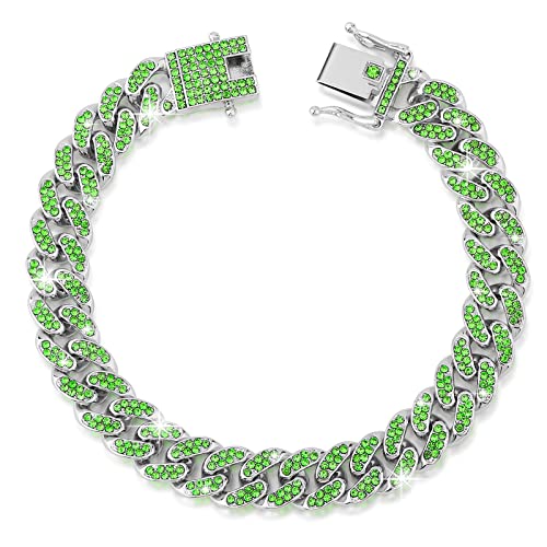 Glitter Dog Chain Collar Green Silver Diamond Dog Collars Cuban Dog Necklace Puppy Pet Metal Link Chain With Design Secure Buckle Accessories Chain For Small Medium Dogs Cats Gifts 10Inch #TOP28