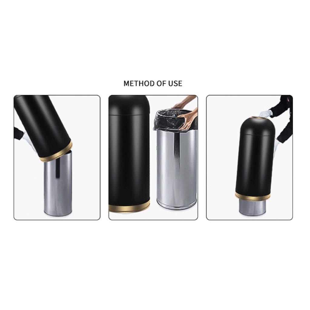 Trash cans Indoor Outdoor Stainless Steel Barrel-Shaped Open Top Trash Can 52 Liters/13.7 Gallons,Without Lid,with Removable Inner Barrel,Commercial Grade Garbage Bin (Color : Black Gold, Size : 11.