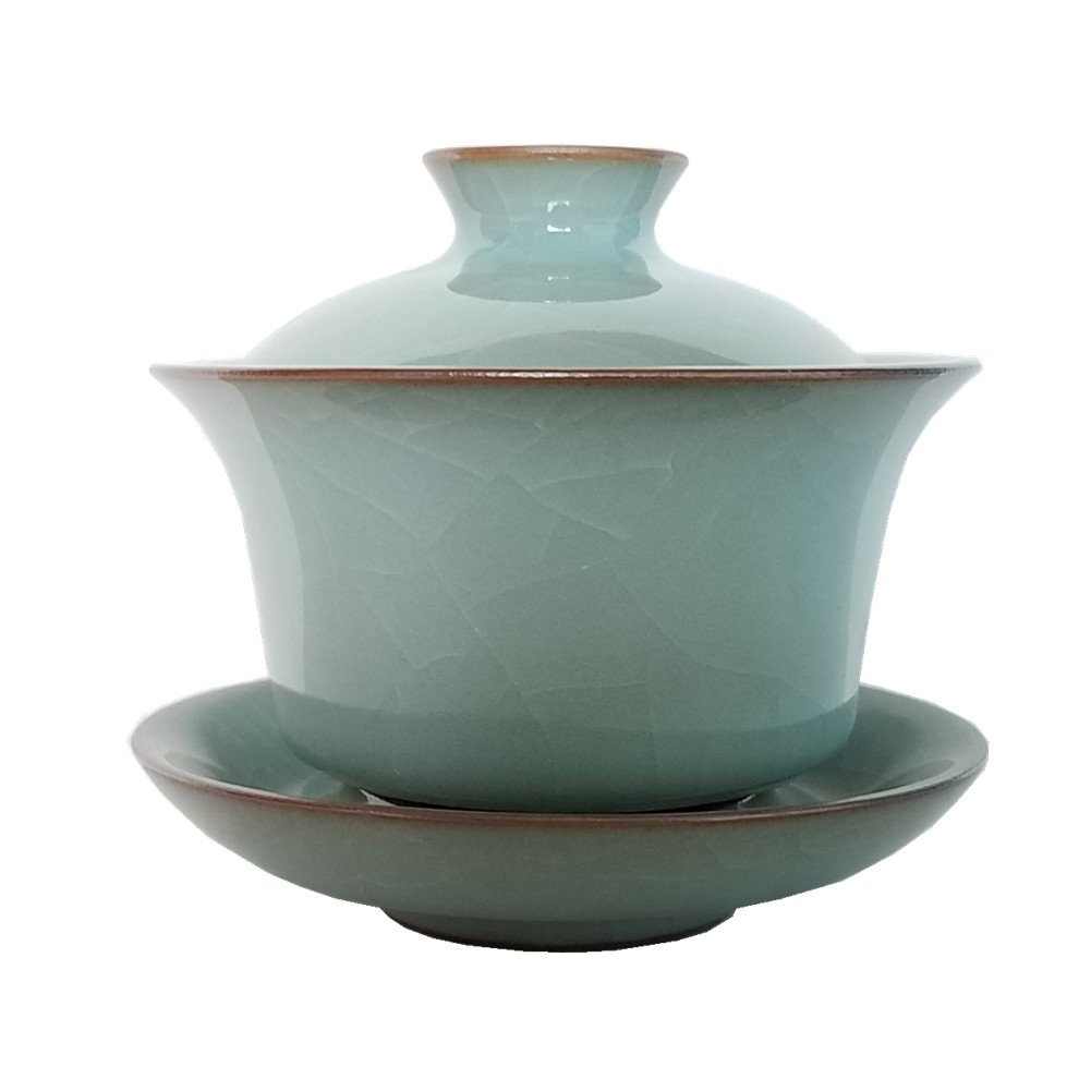 Gaiwan Kung Fu Teacups with Lid 5-Ounce Teacup and Saucer Set Glazed Crack Porcelain Chinese Celadon(Grey Grack)