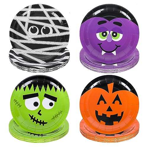 Whaline 40 Pack Halloween Paper Plates 4 Design Pumpkin Frankenstein Bat Disposable Plates Colorful Round Tableware for Halloween Party Holiday Dinner Tableware Decoration Supplies, 9 Inch