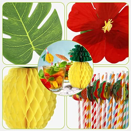 URBZUE Hawaiian Party Decor Set, Hawaiian Luau Grass Table Skirt, 12PCS Garlands, Hawaiian Flowers & Palm Leaves, Tropical Party Decor for Garden Summer, Cocktail Accessories, Beach, Bikini Party