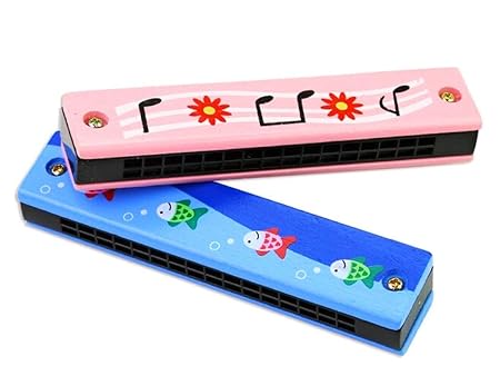 Qbic Set of 2 Wooden Harmonica Colorful Kids Musical Instrument Toys Kids Cartoon Patterns Wooden Mouth Organ(2PC Colour May Vary As Per Availability)