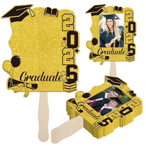 Lovarywow Graduation Fans with Photo 2026-24PCS Graduation Cutout Face Fans Blank DIY Photo Supplies Class of 2026 Grad Photo Props with Handle Congrats Graduate Party Decorations (Black Gold)