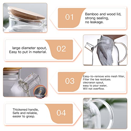 Glass Teapot, Stovetop & Microwave Safe Glass Borosilicate Teapot, Glass Teapot With Strainer, Glass Pot With Wooden Lid, Loose Leaf And Fruit Tea And Fragrant Tea, 34Oz/1000Ml (Wooden Lid) #TOP1