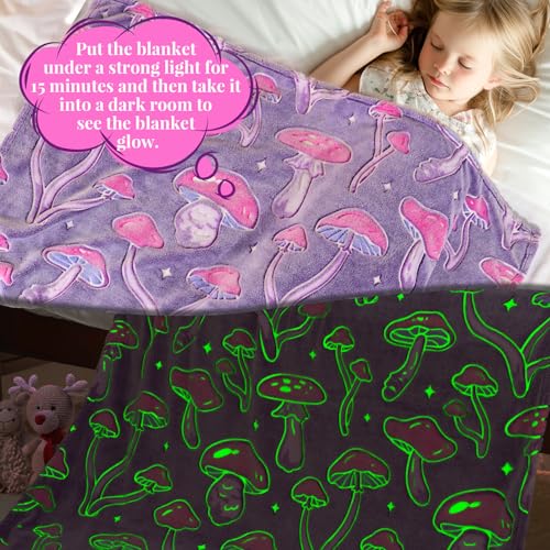 Image of Twin Size Mushroom Blanket Glow in the Dark - Soft Fuzzy Purple Fleece Throw Cottagecore Bedding for Women Teens, Couch Sofa Home Decor 60x80inches