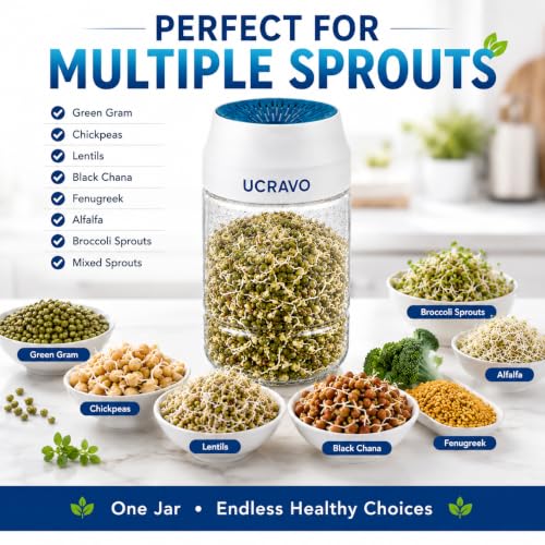 Image of UCRAVO Sprouting Jar for Sprouts Growing Kit with Drain Lid & Stand, Seed Sprouter Container for Mung Beans Alfalfa Lentils Chickpeas, BPA Free Sprout Maker,Germination Jar for Healthy Home Gardening