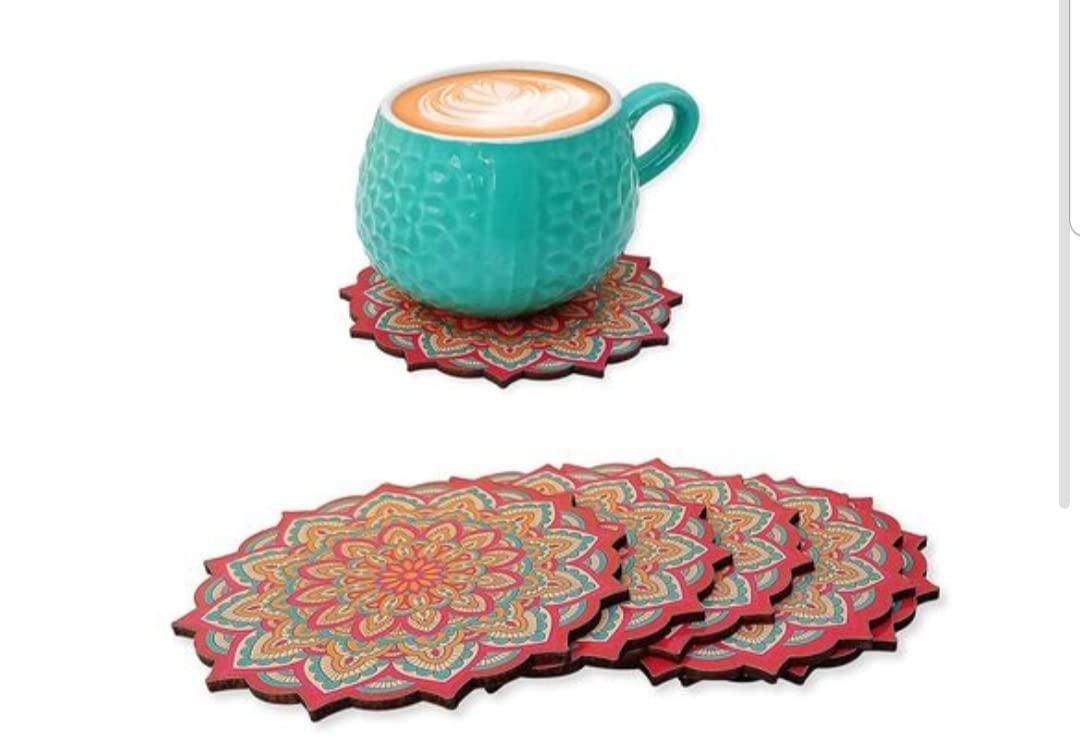 ANVIK Pine Wood Printed Coasters for Tea Cups/Coffee Mugs/Bar Glasses/Drinks/Beverages Coasters for Dining Office Centre Study Table Set of 6