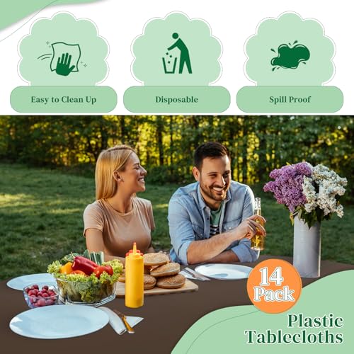 Image of Brown 14 Pack 84 Inch Plastic Round Tablecloths, Disposable Plastic Table Cover for Parties and Dinners