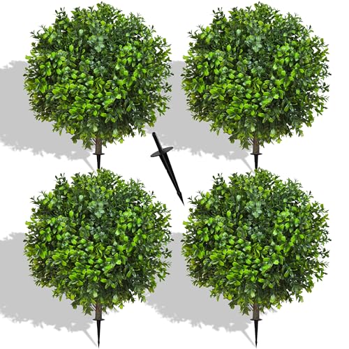 NSOPB 21.6 Inch Artificial Boxwood Topiary Bushes Set of 4 Fake Shrubs UV Resistant Plants Faux Topiary Ball Tree for Outdoor Garden Patio Front Porch & Indoor Decor