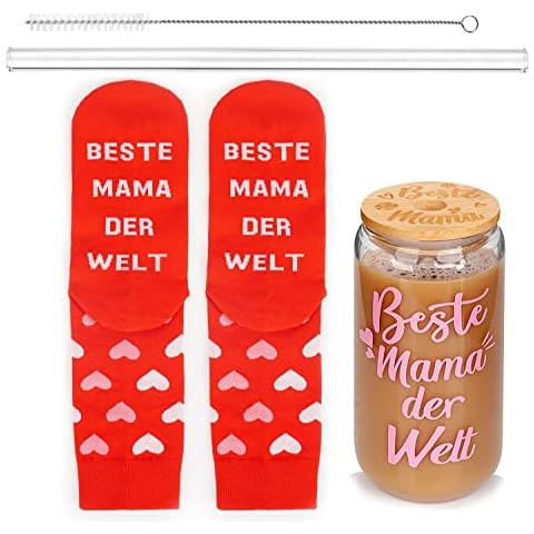 Geschenk für Mutter, Dose Glas Kaffeetassen und nette lustige Neuheit Socke für Mama, 500ml Trinkgläser mit Bambus Deckel und Glas Stroh wiederverwendbare Tasse Cover
