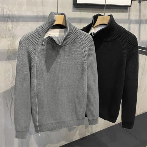 Men’S Loose Fit Side Zipper Cardigan Sweater Retro Style Turtleneck None Zipper Sweater4