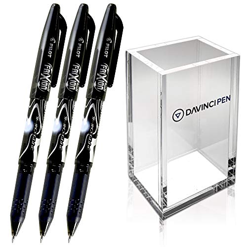 Pilot frixion erasable pens 0.7mm Gel Ink Ballpoint Pens Fine Point Black ink Pack of 3 with DAVINCIPEN Acrylic Pen Holder