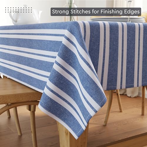 Image of Encasa XO Cotton Rectangular Table Cloth for 4 to 6 Seater | (140x180 cm) | Franca Blue Stripes | Dining Tablecloth for Decoration