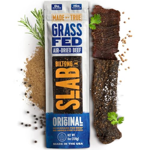 Made by True Original Biltong Slab - Premium Grass-Fed Whole Beef Jerky Slab (8 oz, Pack of 1) - High-Protein Keto Snack, All-Natural & Gluten-Free, Antibiotic-Free, No-Carb - (Uncut Charcuterie Slab)