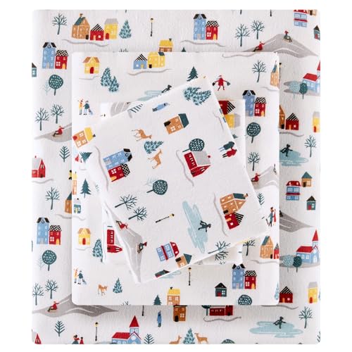 Sleep Philosophy True North 100% Cotton Flannel Sheets Queen Size, Cozy Flannel Sheet Set Brushed for Extra Softness, Heavyweight Novelty Print Warm Flannel Bedding Set, White Village Print 4 Piece