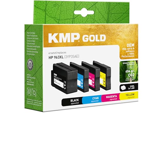 KMP Cartouche d'encre dorée Compatible avec HP 963XL Multipack (3YP35AE) avec pièces et Puce OEM pour HP OfficeJet Pro 9010, 9012, 9013, 9014, 9015, 90... etc.