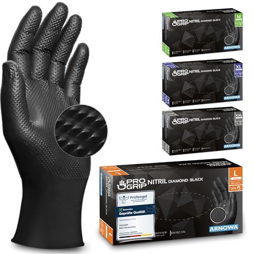 PROGRIP Einweghandschuhe Diamant Grip, Schwarz, Einmalhandschuhe Extra Stark, Nitrilhandschuhe Gr. L, 2x dicker, Handschuhe Einweg, Arbeitshandschuhe für Werkstatt & Montage, 100 Stück (2x50 Stk)
